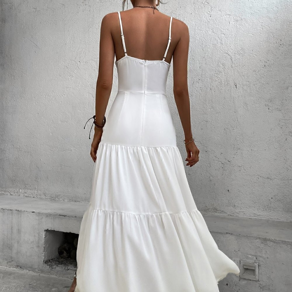 White Boho Womens Twist Front Cut Out Ruffle Hem Maxi Cami Dress - Picture 3 of 5